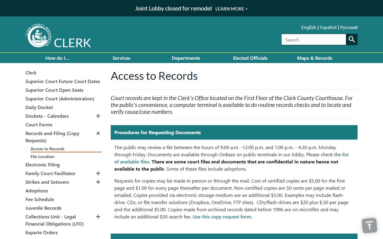 Clark County court records access and Clerk copy request options