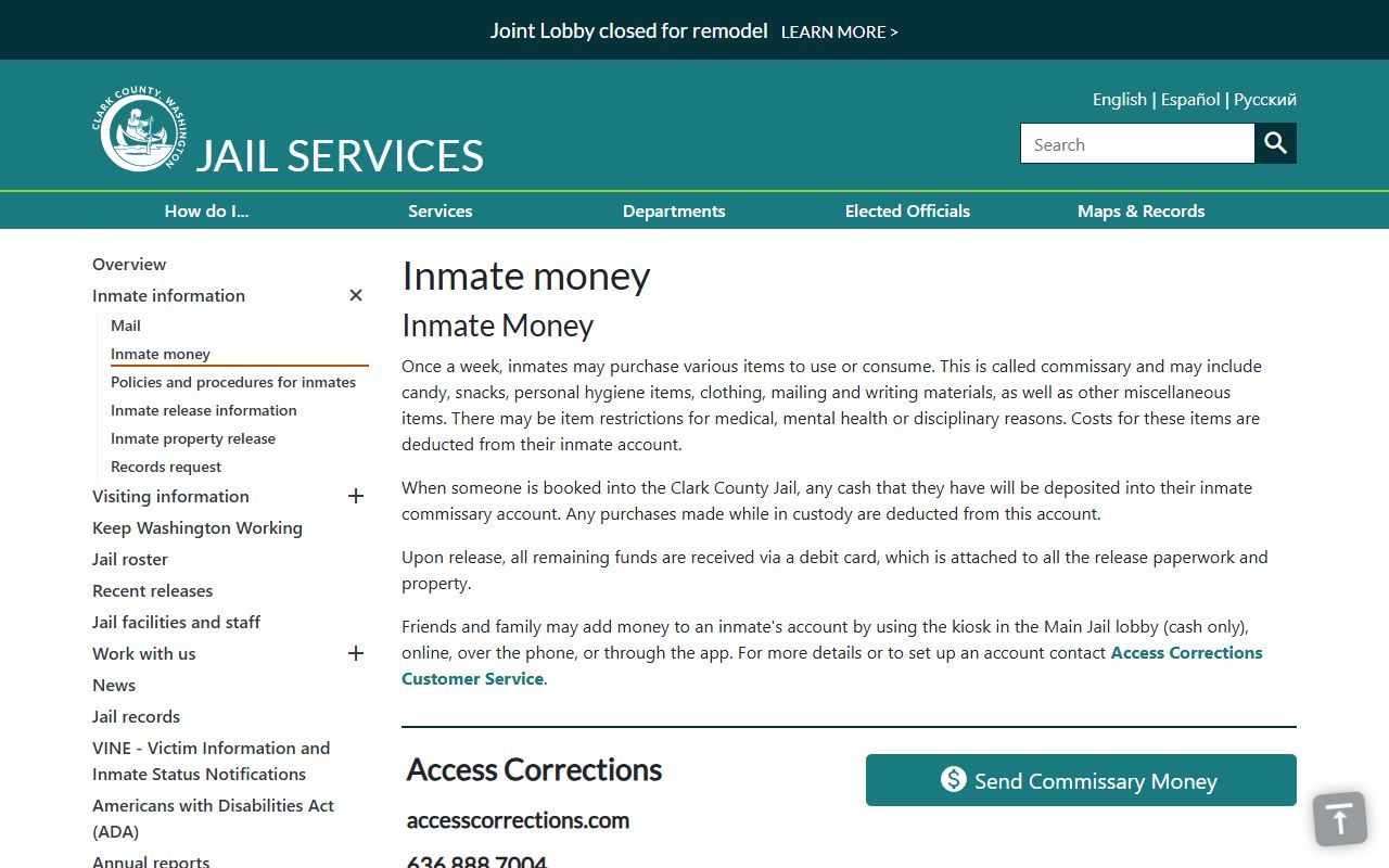 Clark County Jail inmate money and commissary deposit records