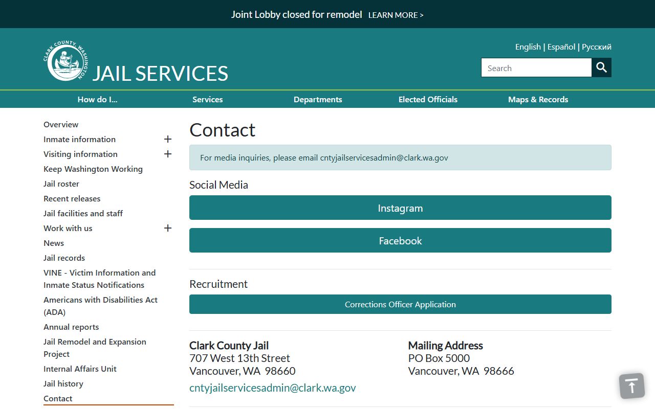 Clark County Jail contact information for inmate custody records