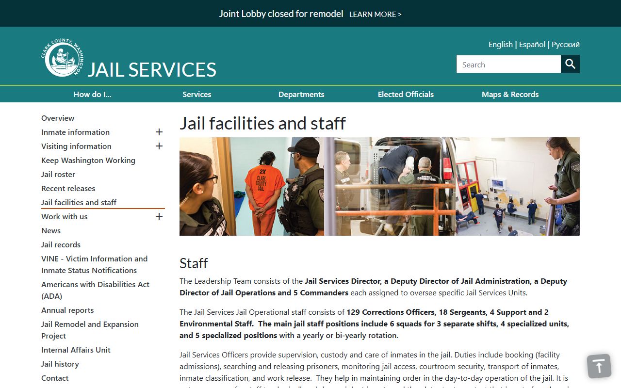 Clark County Jail Work Center facility status and inmate housing context