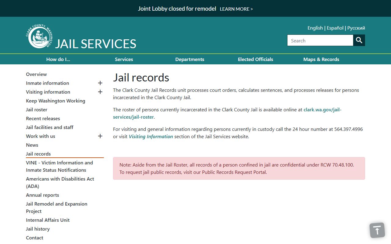 Clark County inmate records and jail information page