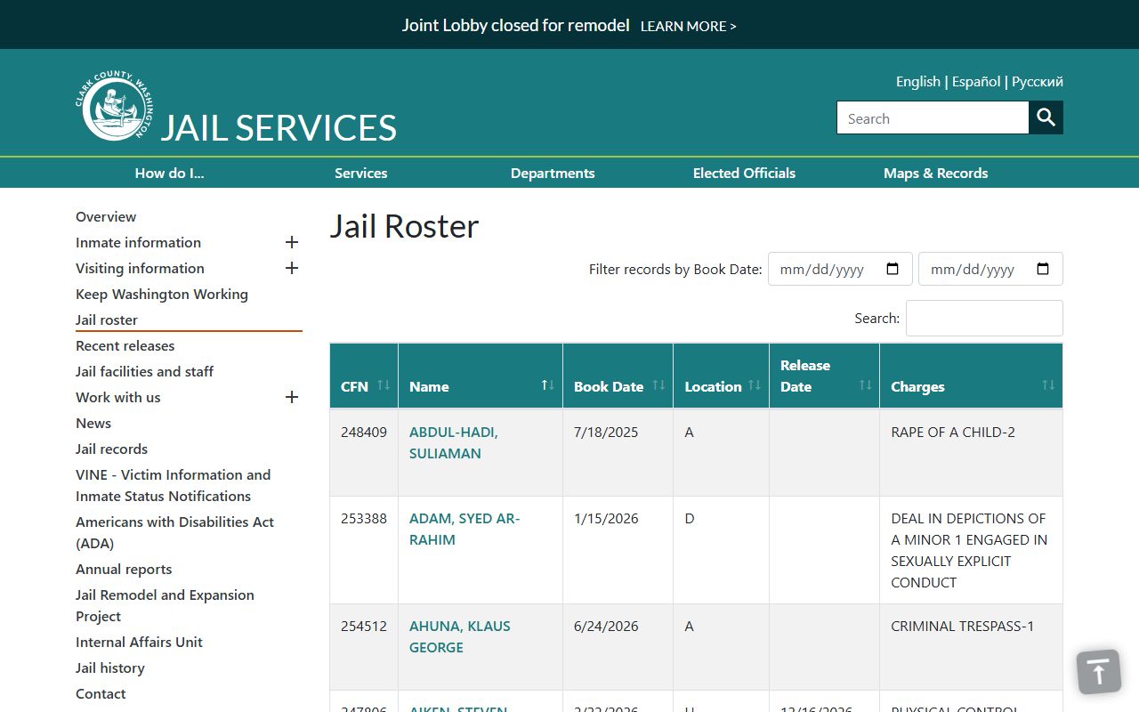 Clark County inmate population jail roster search table