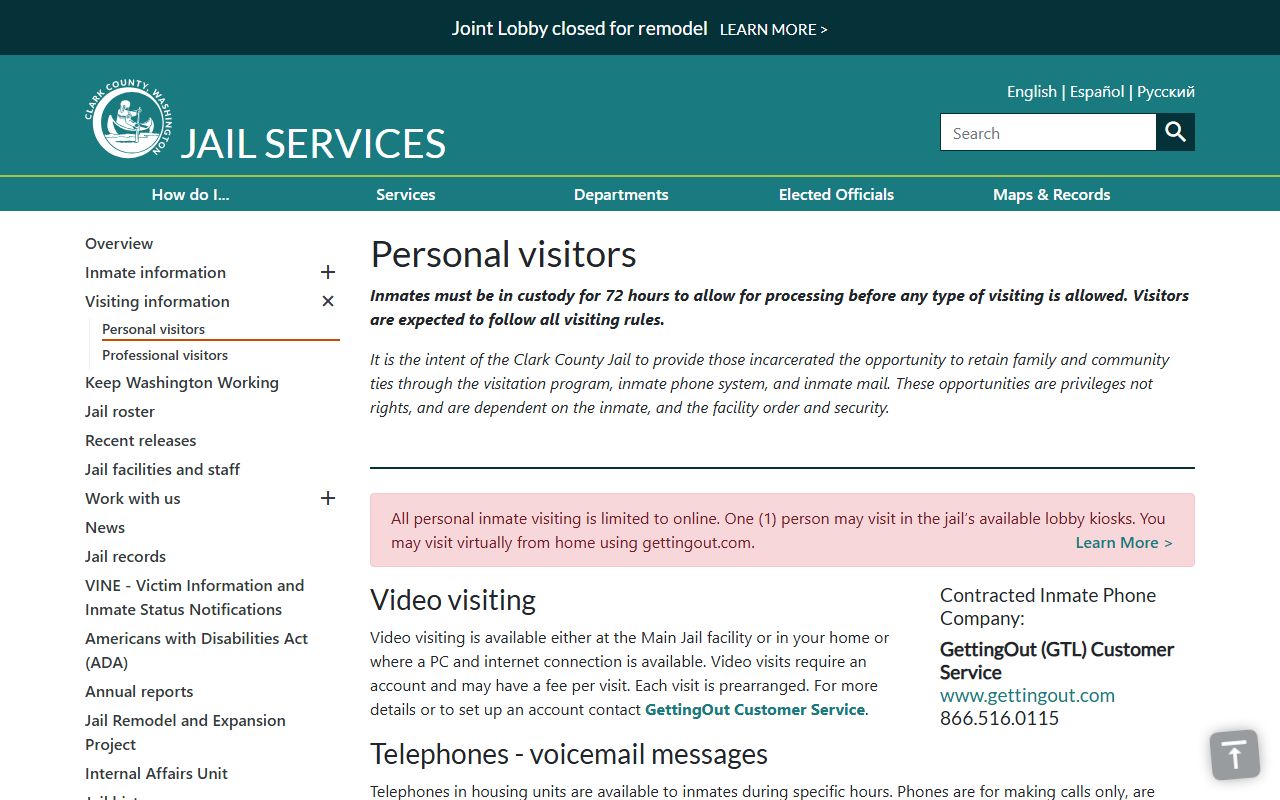 Clark County inmate records visitation and video visit rules