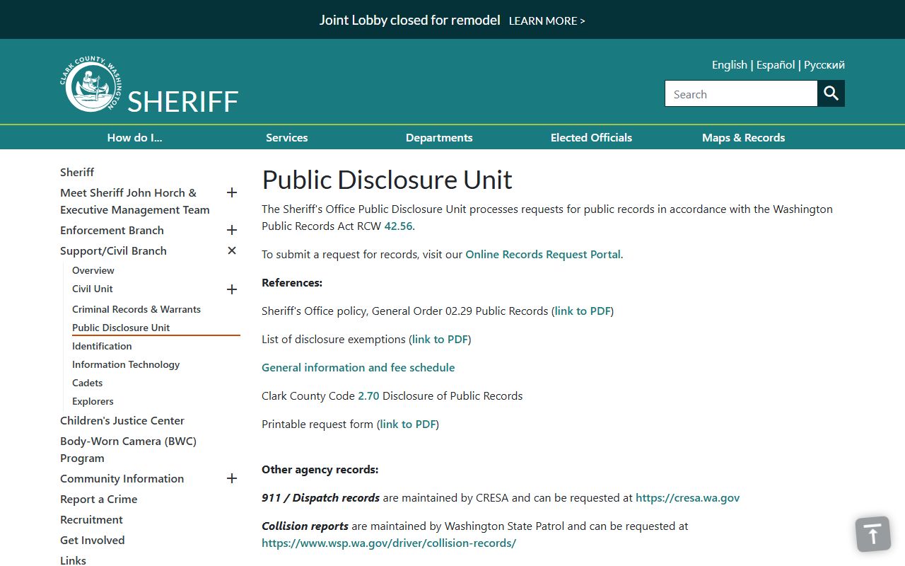 Clark County Sheriff's Public Disclosure Unit for booking photo requests