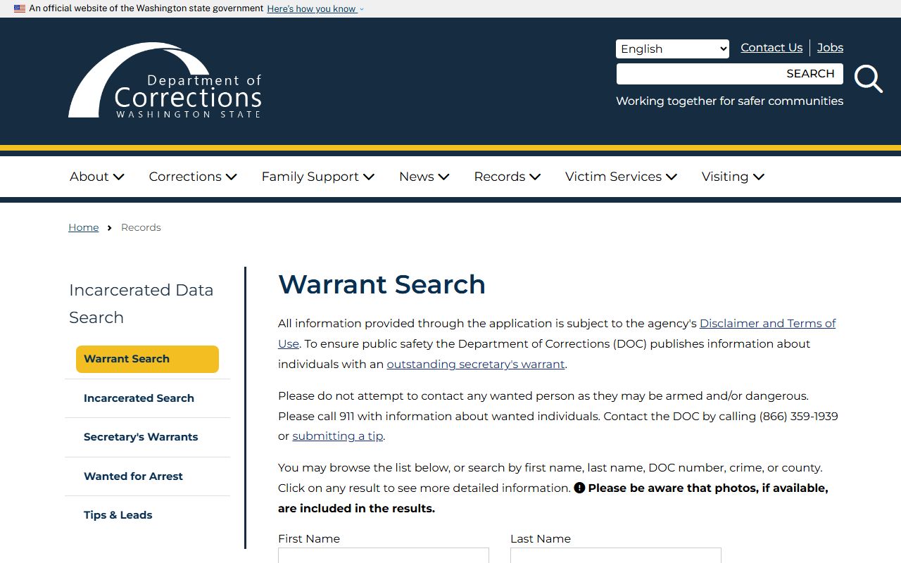 Washington DOC warrant search photo availability and custody fields separate from Clark County jail mugshots