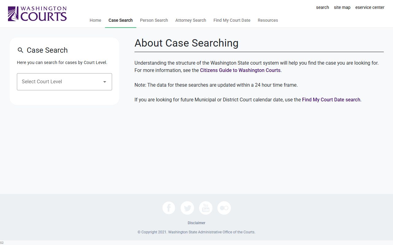 Washington Courts case search fields for Clark County court records after arrest